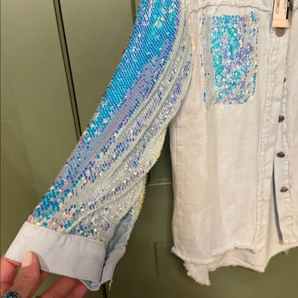 L/C Lizette Collection Light Blue Denim Jacket with Aqua and Iridescent Sequins - Picture 6 of 10